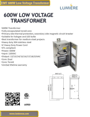 600W Heavy-duty Stainless Steel Multi-Tap Low Voltage Transformer for Landscape Lighting