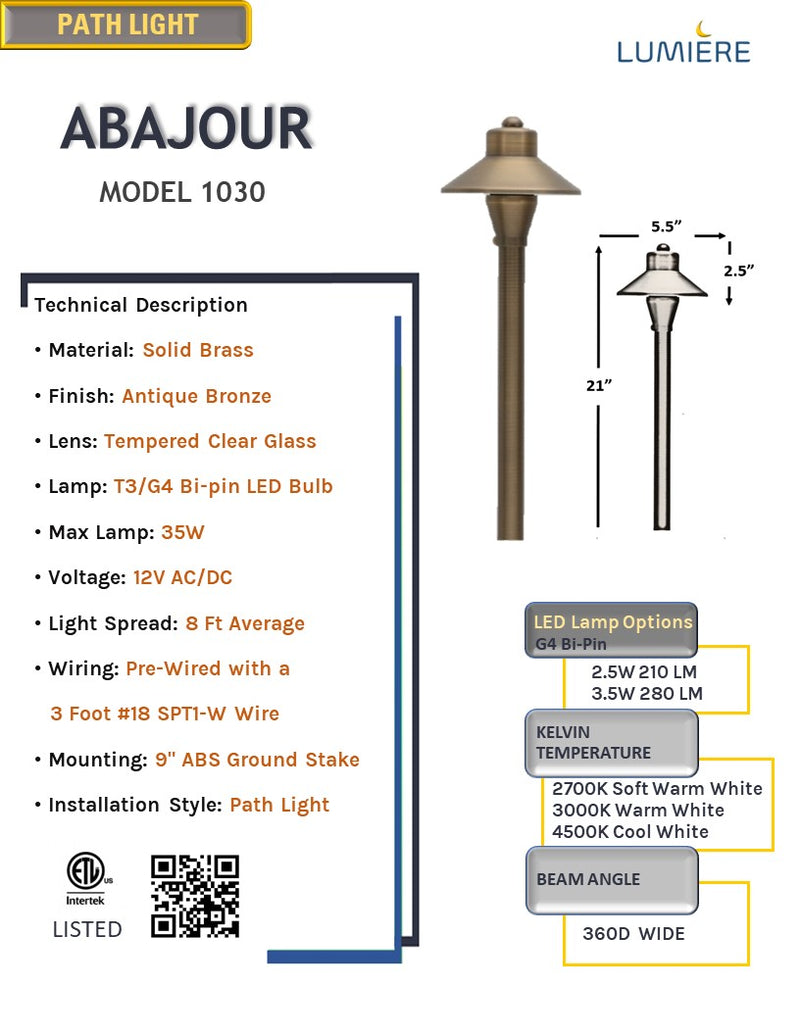 Abajour Solid Brass Path Light - Low Voltage Landscape Lighting