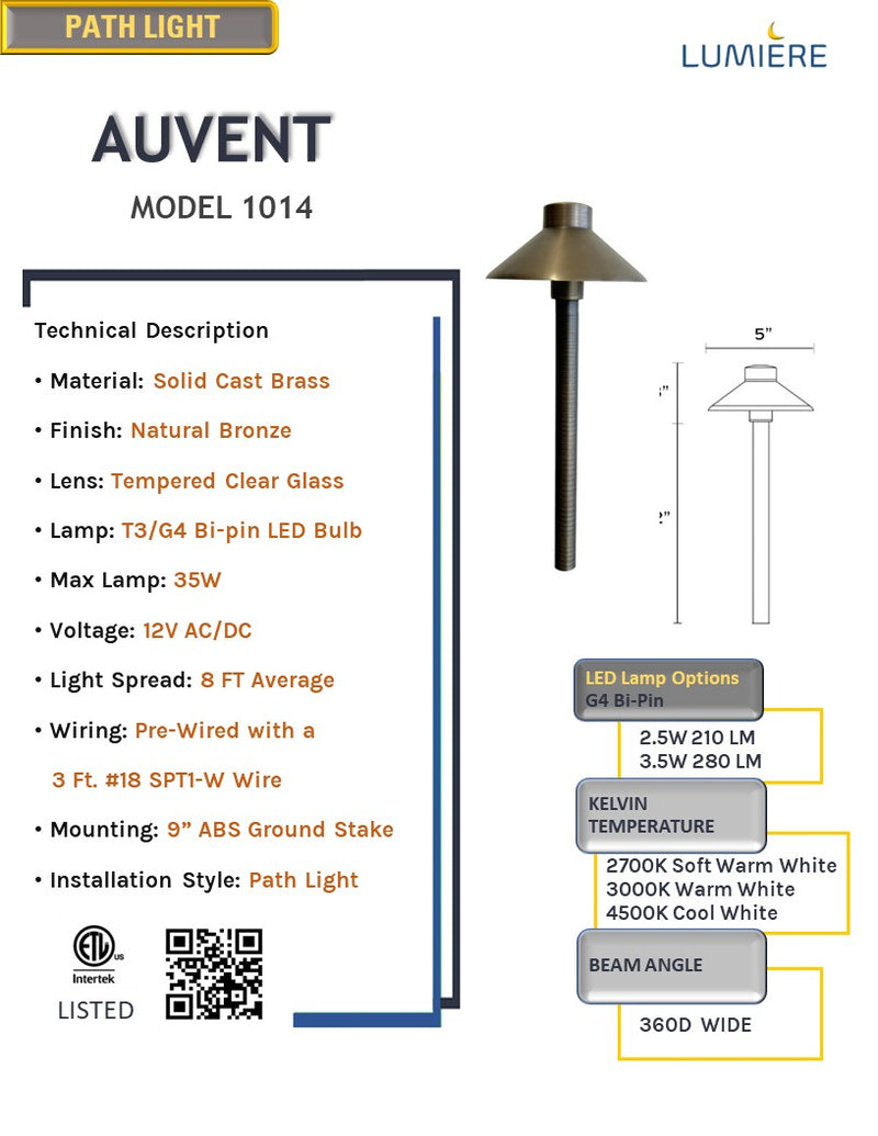 Auvent  Solid Cast Brass Mini Pathway Light Natural Bronze