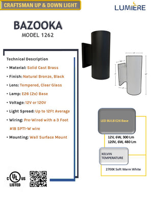 Bazooka Solid Brass Craftsman Wall Sconce Up & Down Lighting