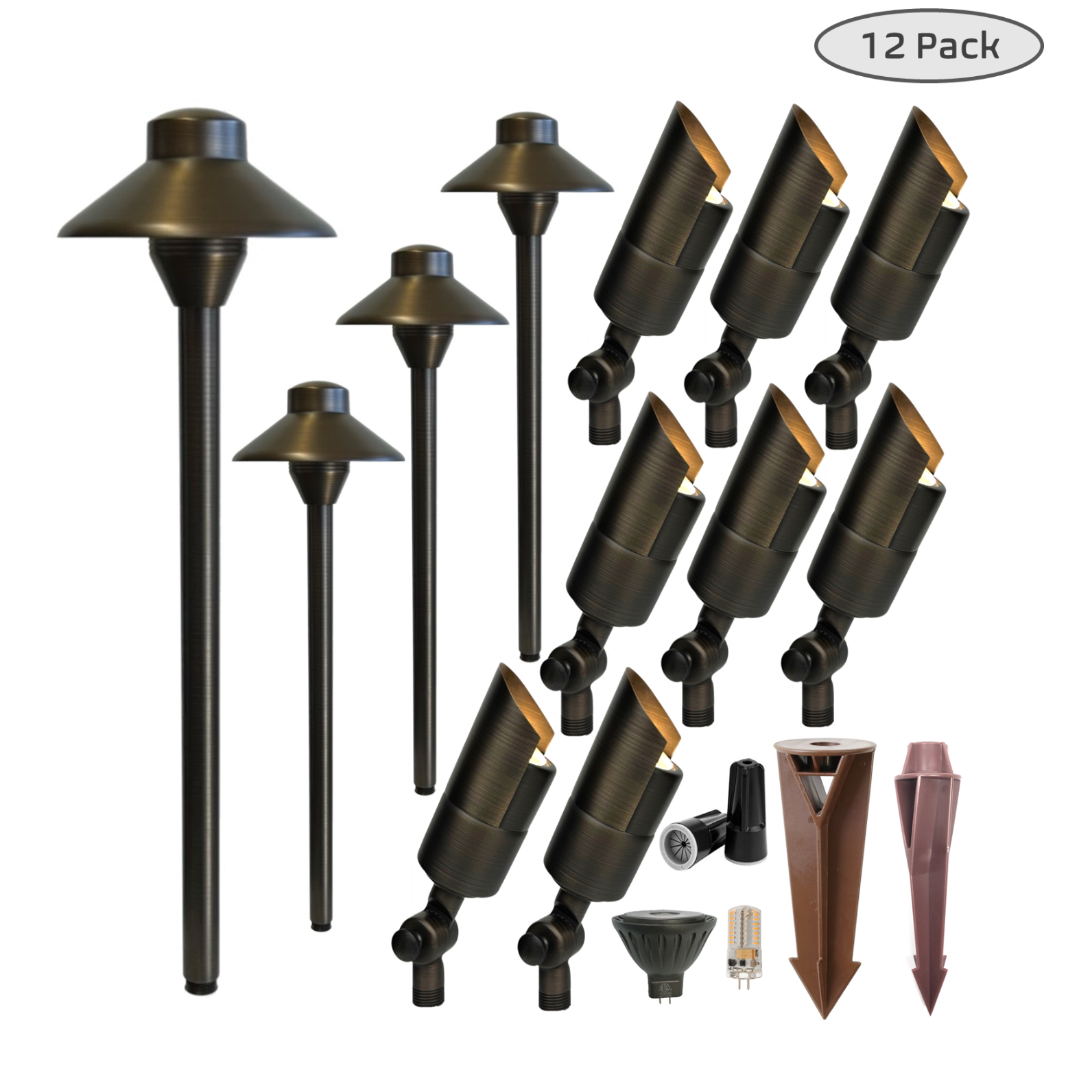 Pack VI Solid Brass Low Voltage Outdoor Landscape Light Set