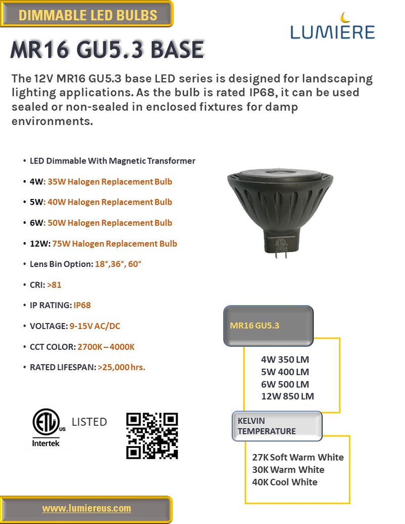 8 Pack LED MR16 2700K - 3000K Warm White 36° Dimmable 12V AC/DC