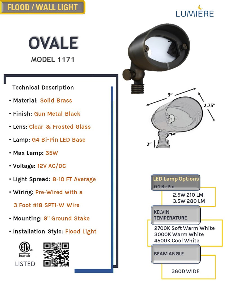 Ovale Solid Cast Brass Flood Light Gun Metal Black