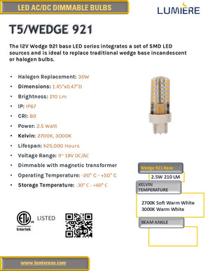 T5 Wedge LED Bulb Warm White 921 / 2.5W 12V