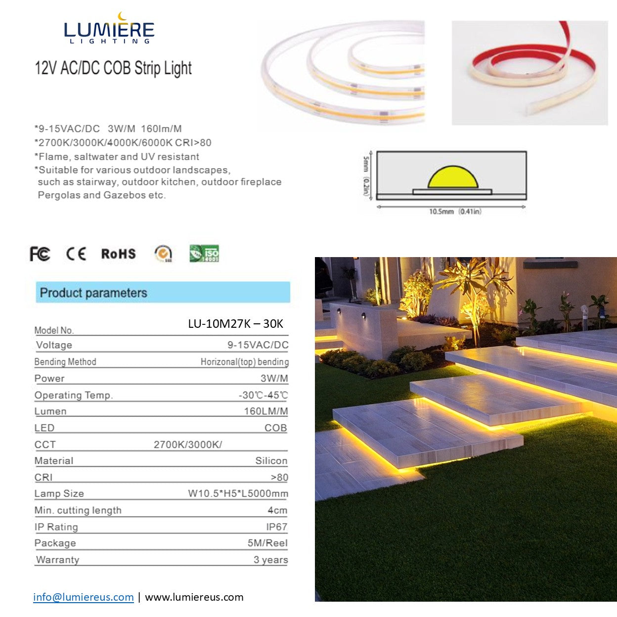LED COB 12V AC/DC outdoor strip light, IP67, 16 ft, 2700–3000K, installed along illuminated patio steps.