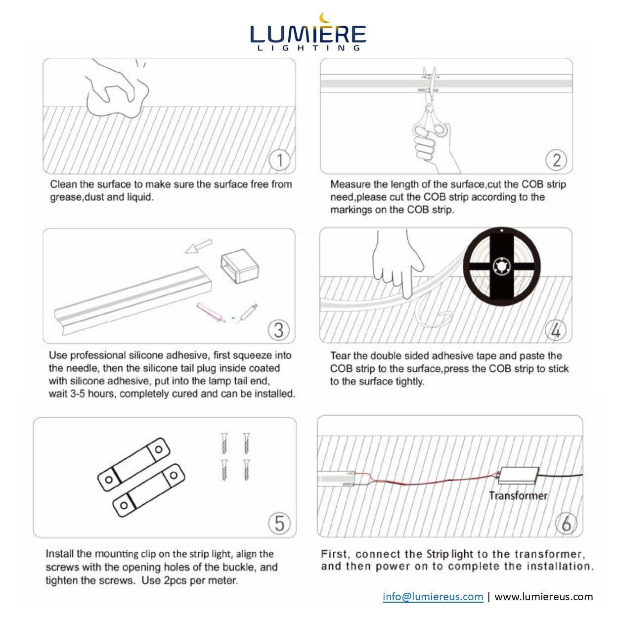 Installation steps for LED COB 12V AC/DC outdoor strip light, IP67, 16 ft, 2700K-3000K, with adhesive and transformer.