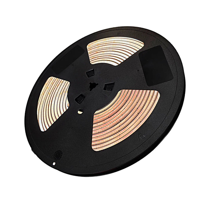 LED COB 12V AC/DC outdoor strip light on a reel, warm white 2700–3000K, IP67 weatherproof.