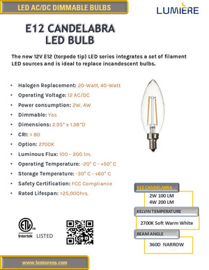 Candelabra Dimmable LED 360° 12V Low Voltage Bulb