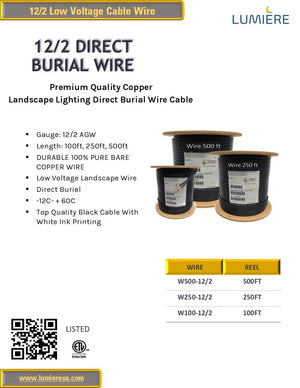 12/2 AWG 250Ft High Quality Copper Wire Cable Direct Burial for Outdoor Landscape Lighting