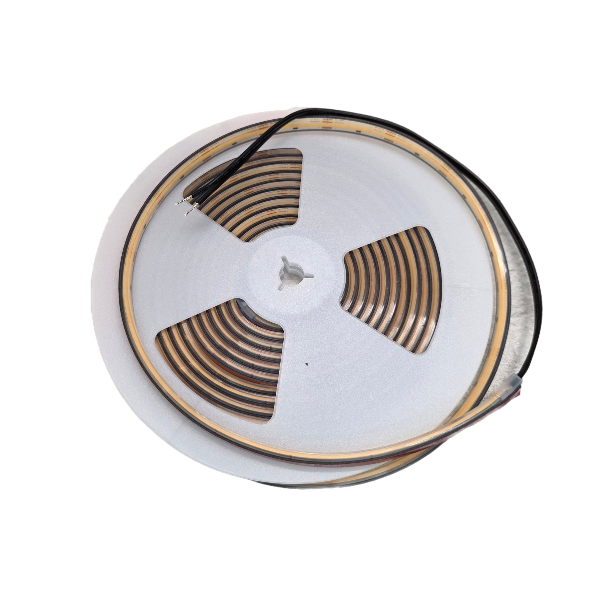 Coiled LED COB strip light on a spool, 12V AC/DC, IP67 outdoor rated, warm white 2700K-3000K.