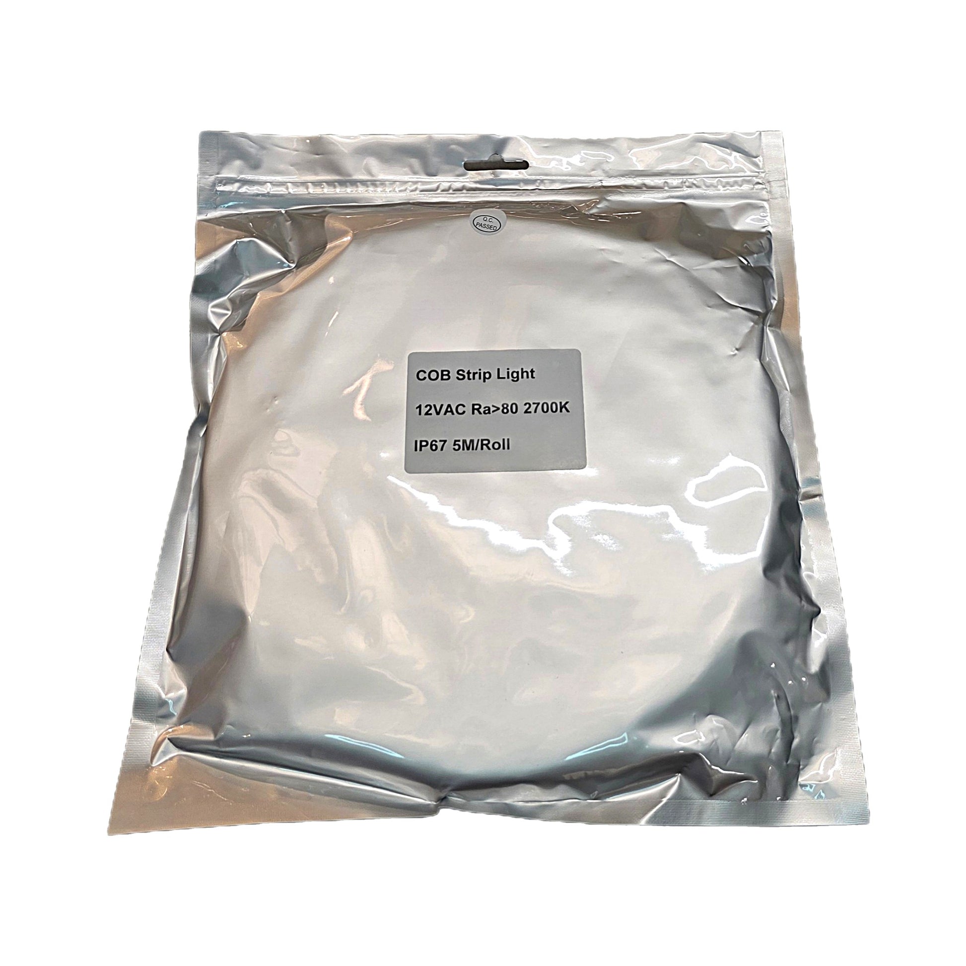Foil packaging for COB Strip Light labeled 12V AC, Ra>80, 2700K, IP67, 5M/Roll