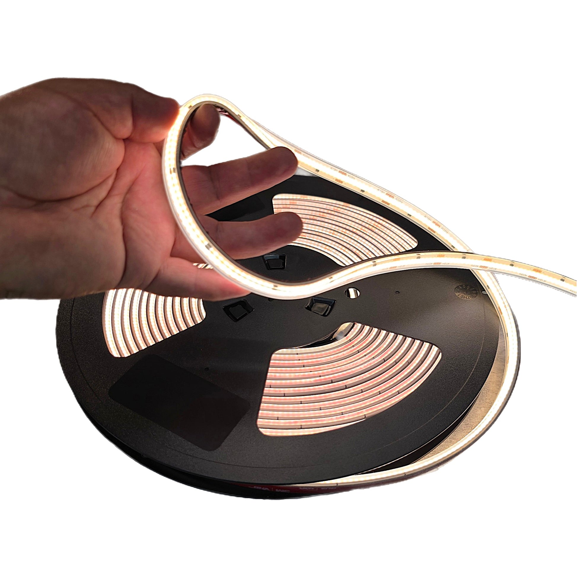 LED COB 12V AC/DC strip tape light on a reel, IP67 outdoor rated, 16 ft, warm white 2700K-3000K