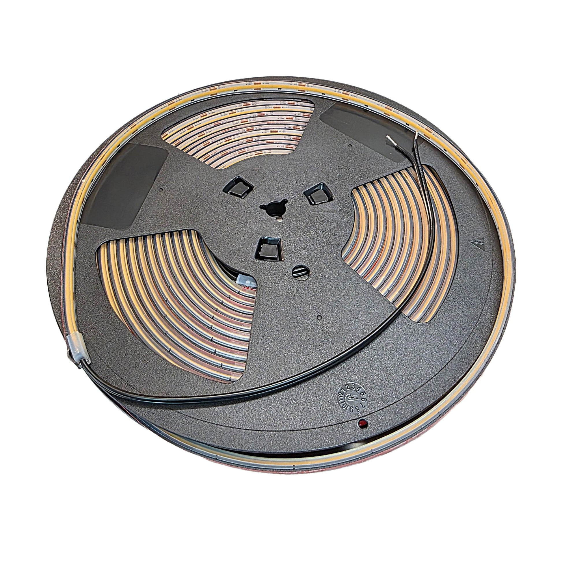 Coiled LED COB 12V AC/DC strip light on spool, warm 2700K-3000K, IP67 outdoor, 16 ft.