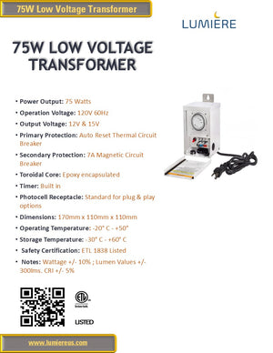 75W Low Voltage Transformer Stainless Steel, Multi-Tap With Timer