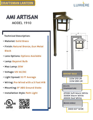 AmiArtisan Solid Brass Craftsman Lantern Pathway Light