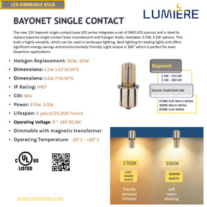 Bayonet Single Contact 2.5W LED BULB 360° Dimmable 12V AC/DC - 30W Halogen Bulb Replacement