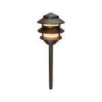 Bougie Cast Brass Pagoda Path Light on stake; solid brass, warm LED glow for outdoor garden paths.