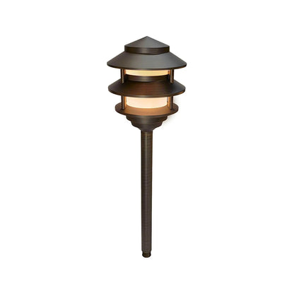 Bougie Cast Brass Pagoda Path Light on stake; solid brass, warm LED glow for outdoor garden paths.