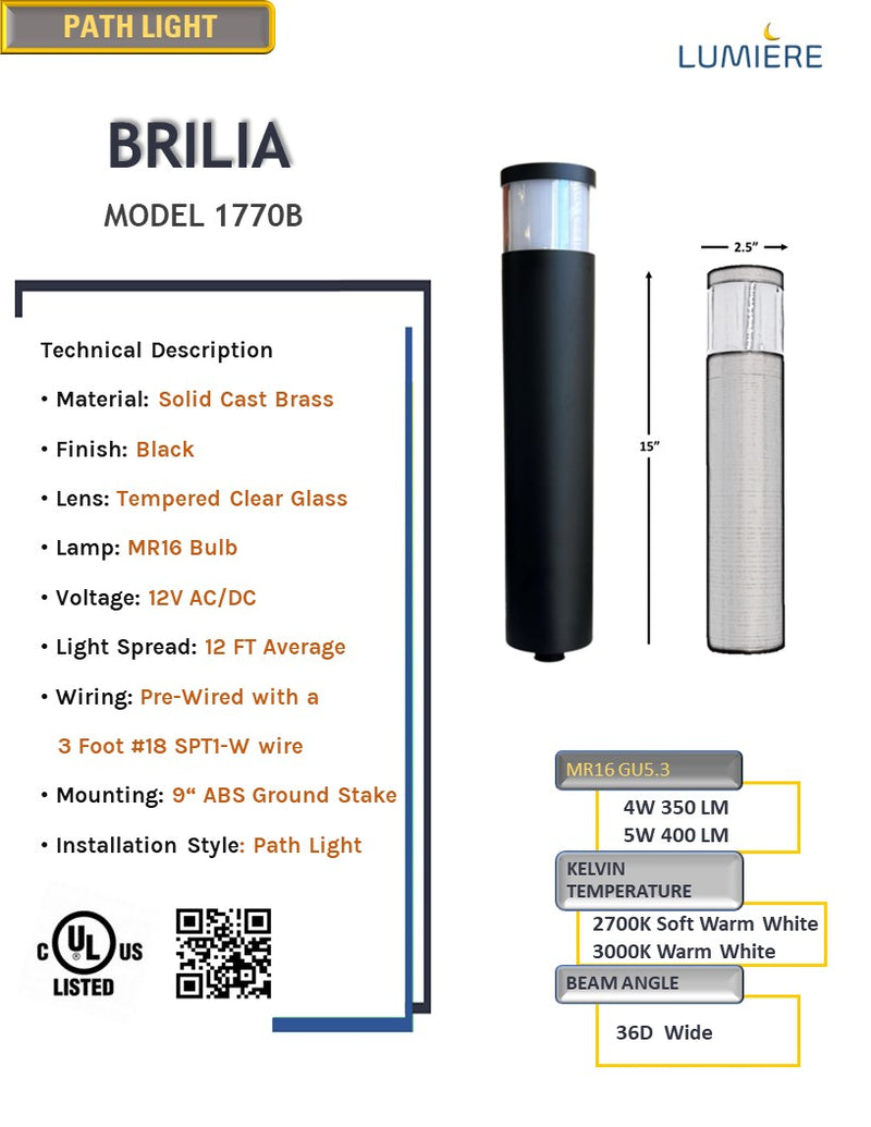 Brilia Solid Cast Brass Bollard Pathway Light (Black)