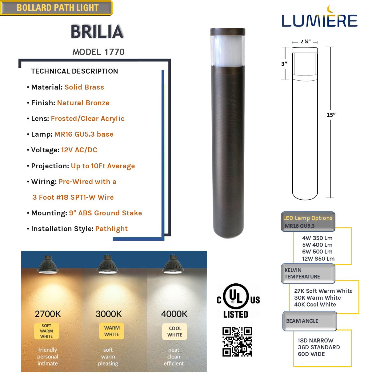 Brilia Cast Brass Natural Bronze Bollard Pathway Light