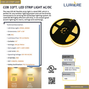 LED COB 32Ft. AC Flexible Strip Tape Light, IP67 Outdoor-rated - 2700K-3000K