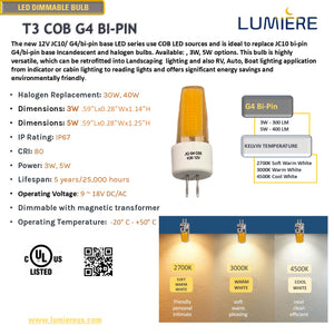 T3- COB G4 Bi-Pin Base 3W 2700K | 3000K Warm White 360° LED Bulb DIMMABLE 12V AC/DC