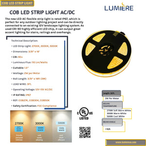 LED COB 32Ft. AC Flexible Strip Tape Light, IP67 Outdoor-rated - 2700K-3000K