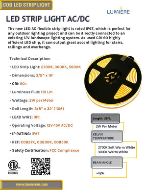 LED COB AC Flexible Strip Tape Light, IP67 Outdoor-rated - 2700K-5000K