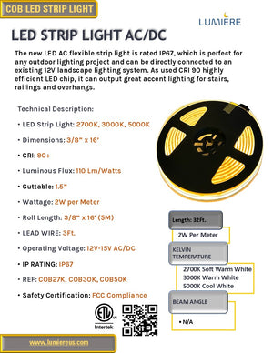 LED COB AC Flexible Strip Tape Light, IP67 Outdoor-rated - 2700K-5000K