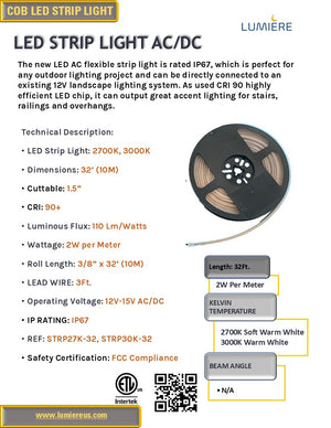 LED COB 32Ft. AC Flexible Strip Tape Light, IP67 Outdoor-rated - 2700K-3000K