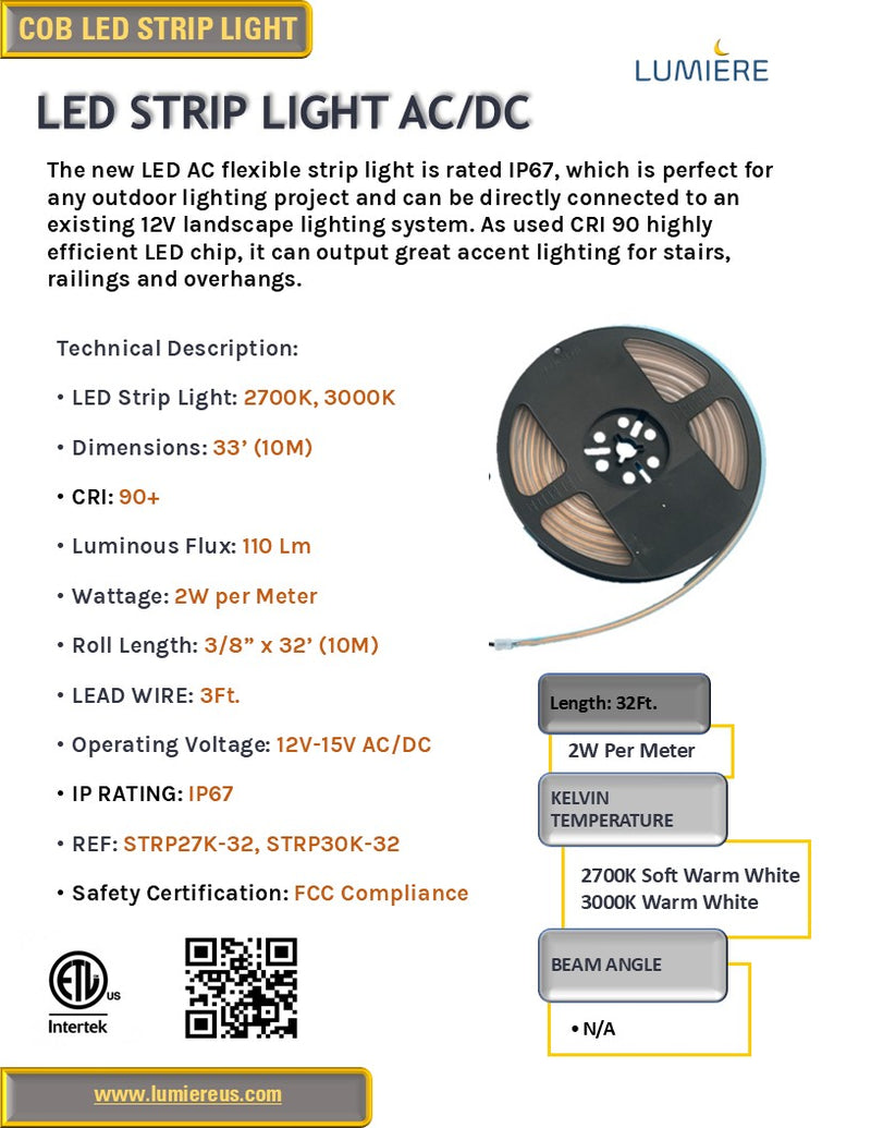 LED COB 32Ft. AC Flexible Strip Tape Light, IP67 Outdoor-rated - 2700K-3000K