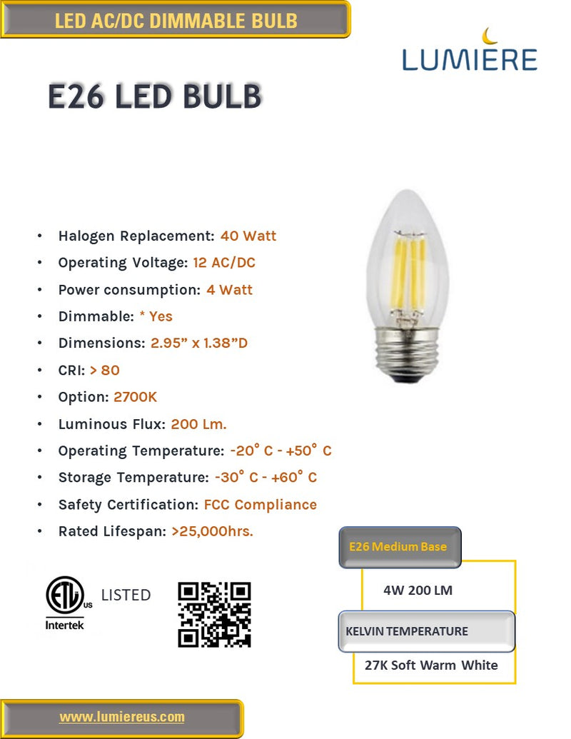 E26 Medium Base 12V LED Bulb Dimmable Torpedo Filament 4W Warm White 2700K