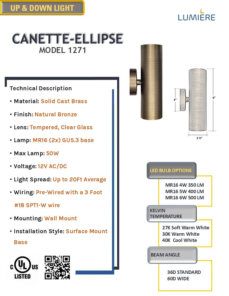 Canette-Ellipse Solid Cast Brass Up & Down Light Natural Bronze