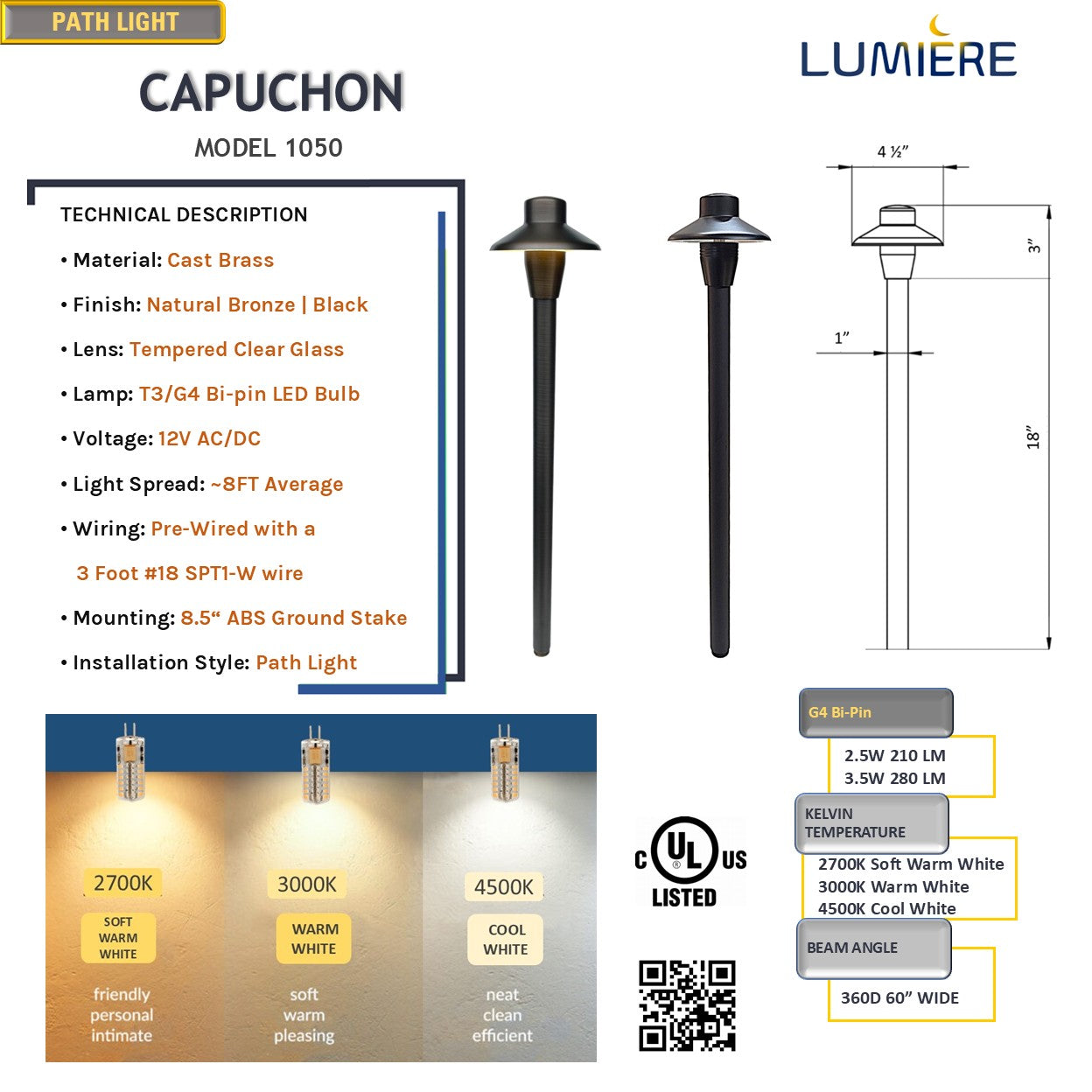 Capuchon Cast Brass Path Light Outdoor Landscape Lighting by Lumiere Lighting