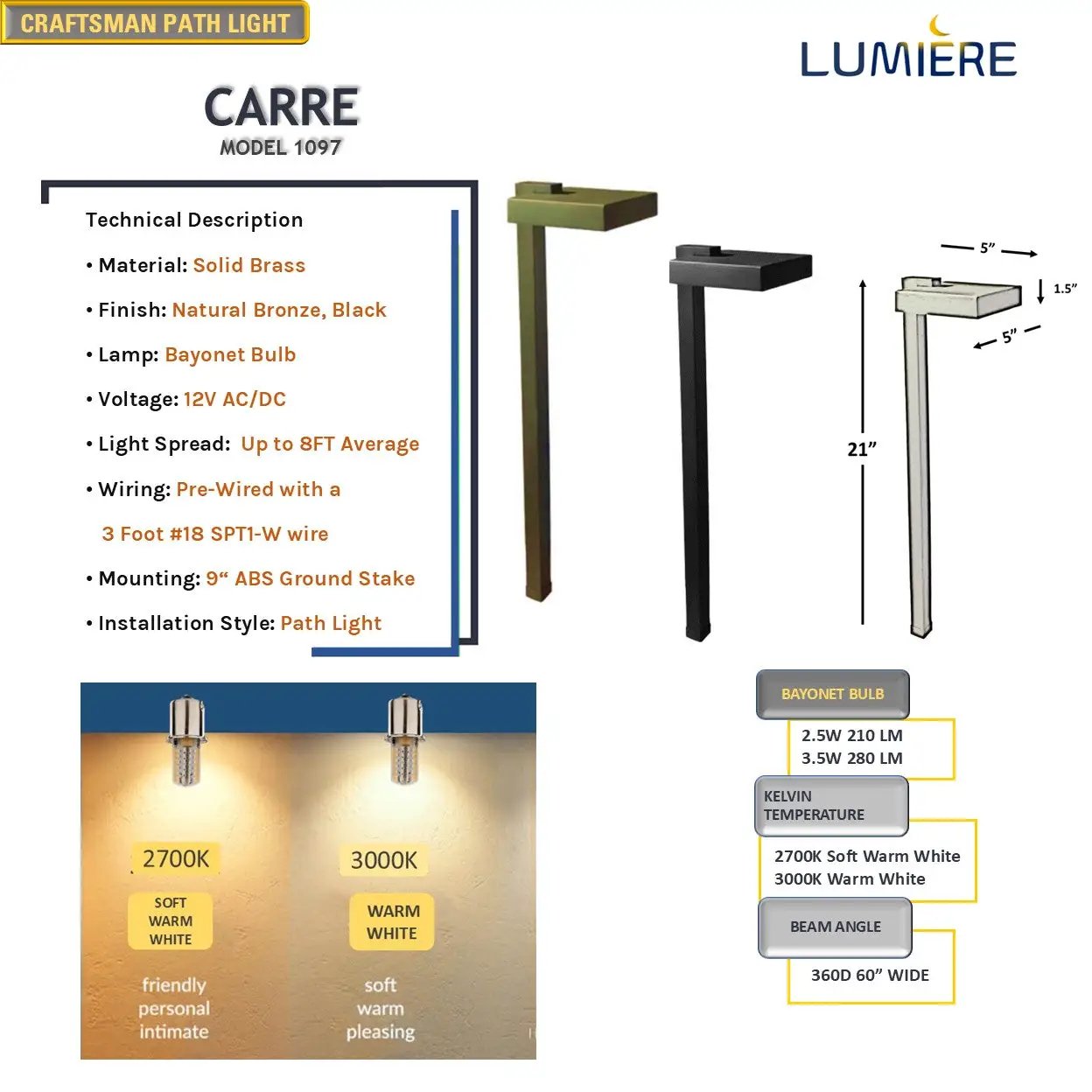 Carre Craftsman Contemporary Solid Brass Path Light