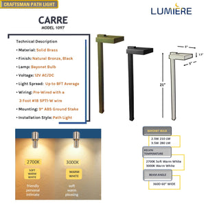 Carre Craftsman Contemporary Solid Brass Outdoor Path & Area Light