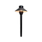 Cascade Cast Brass Path Light on a stake for outdoor landscape lighting with conical shade and warm glow.