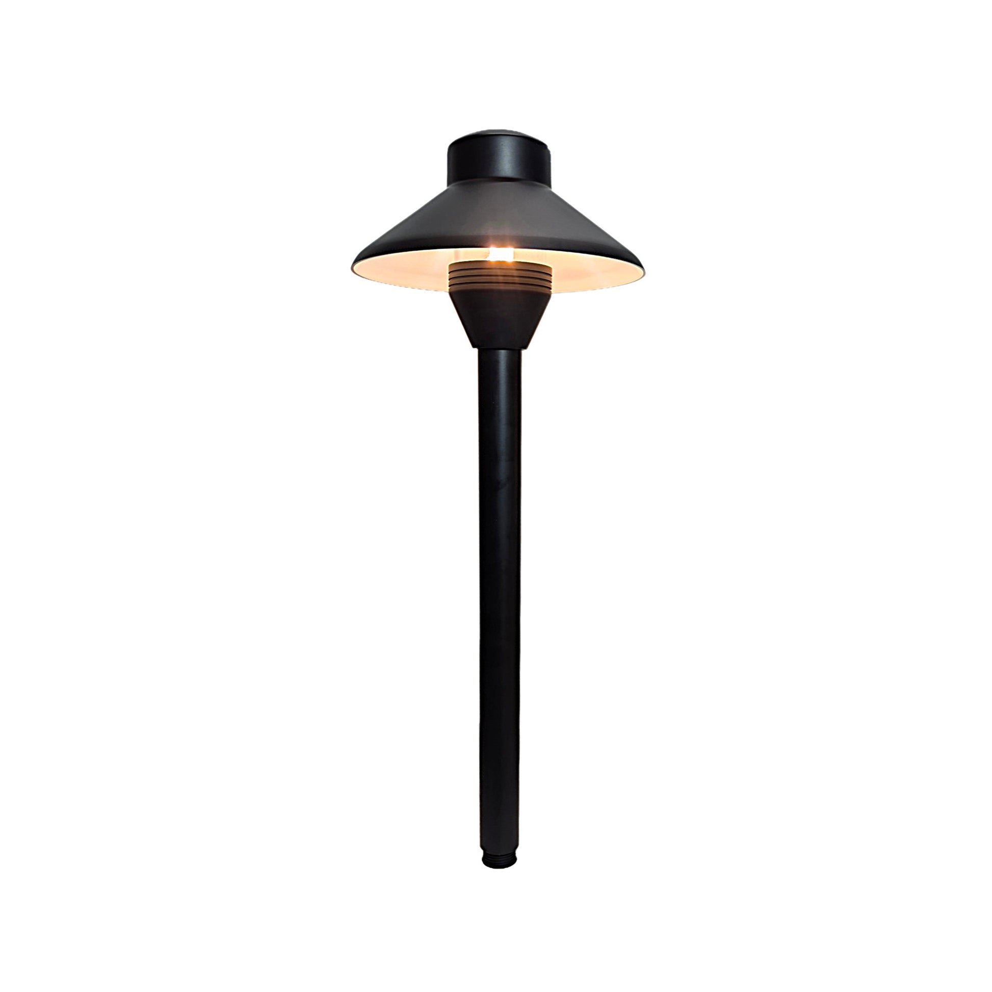 Cascade Cast Brass Path Light on a stake for outdoor landscape lighting with conical shade and warm glow.