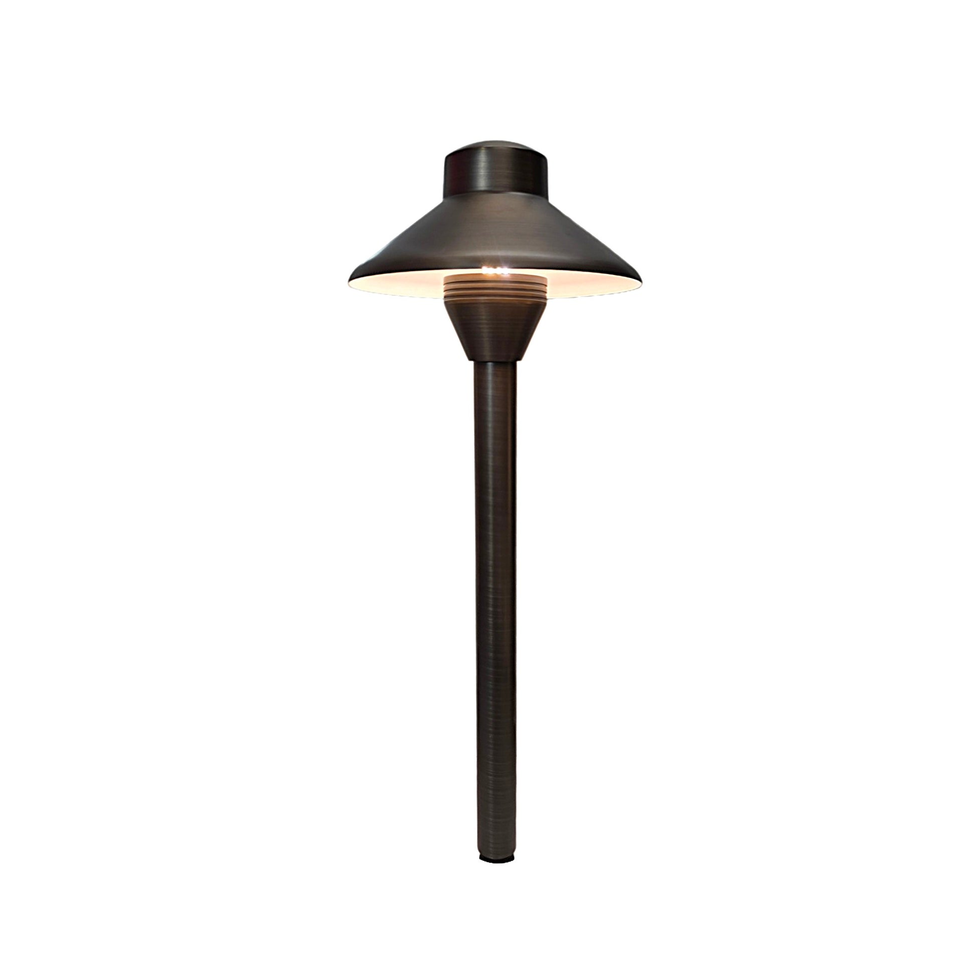 Cascade Cast Brass Path Light for outdoor landscape lighting on walkways with conical shade and sturdy stake.