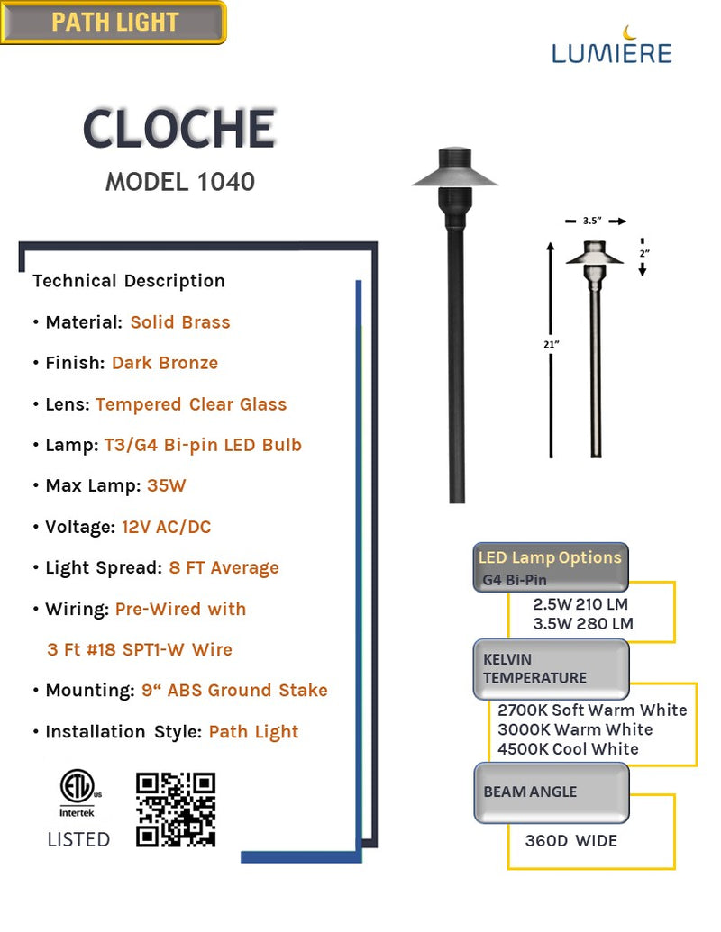 Cloche Solid Brass Path & Area Light Black Finish