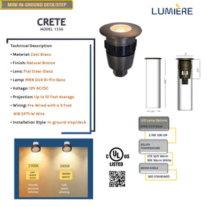 Crete Flat Cover Solid Cast Brass Mini In-ground / Deck / Recessed Light