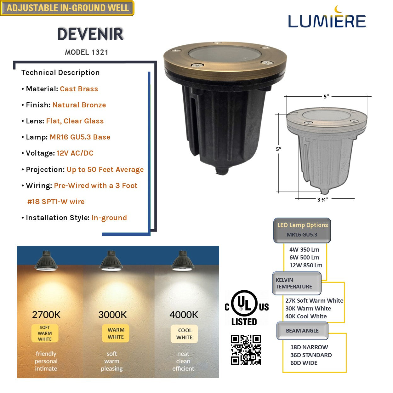 Sarah　DRPL No. 12 Luminous Devenir Solid Brass Adjustable InGround Well Light 12V