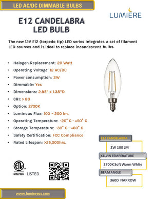 Candelabra Dimmable LED 2W, 2700K Warm White 360° 12V Low Voltage Bulb