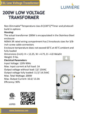 200W Low Voltage Transformer Stainless Steel, Multi-Tap With Timer & Photocell Build-In