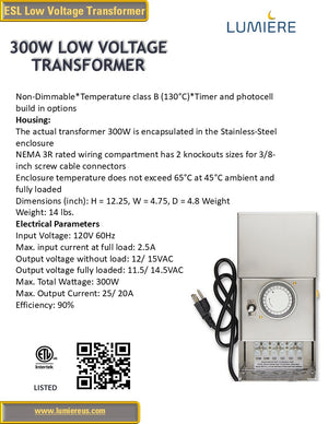 300W Low Voltage Transformer Stainless Steel, Multi-Tap With Timer & Photocell Build-In