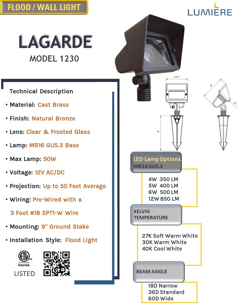 LaGarde Solid Cast Brass Flood Light Natural bronze