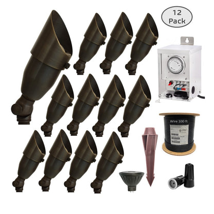 12 Pack Finesse LED Solid Cast Brass Directional  Spot Light Complete Kit - Landscape Lighting