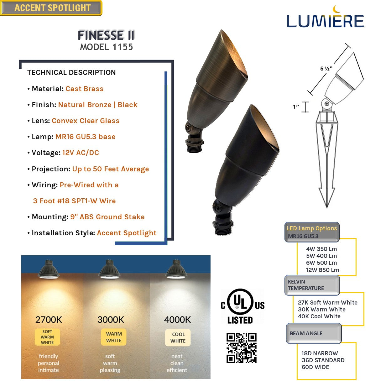Finesse Cast Brass Directional Spotlight For Outdoor Low Voltage Lighting by Lumiere Lighting