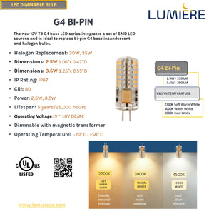 T3- G4 Bi-Pin Base 2.5W 2700K | 3000K Warm White 360° LED Bulb Dimmable 12V AC/DC