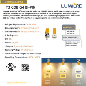 T3-COB G4 Bi-Pin Base 2700K | 3000K Warm White 360° LED Bulb DIMMABLE 12V AC/DC